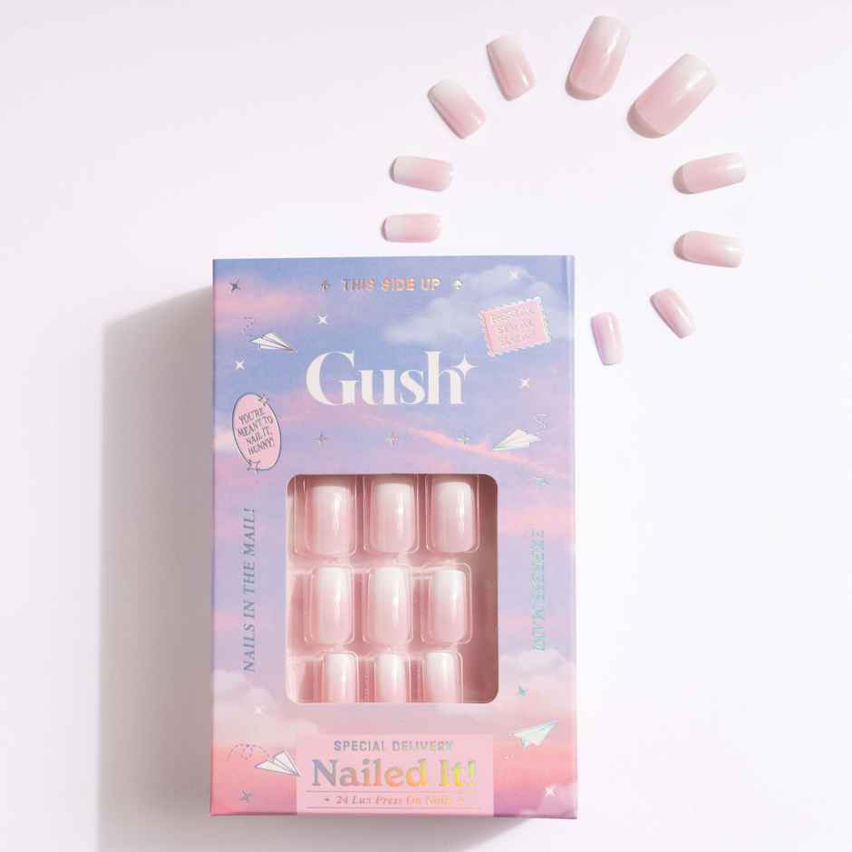 Gush Beauty Nailed It | Reusable Luxury Press On Nails | Medium Almond | Pink Ombre | Nude & White