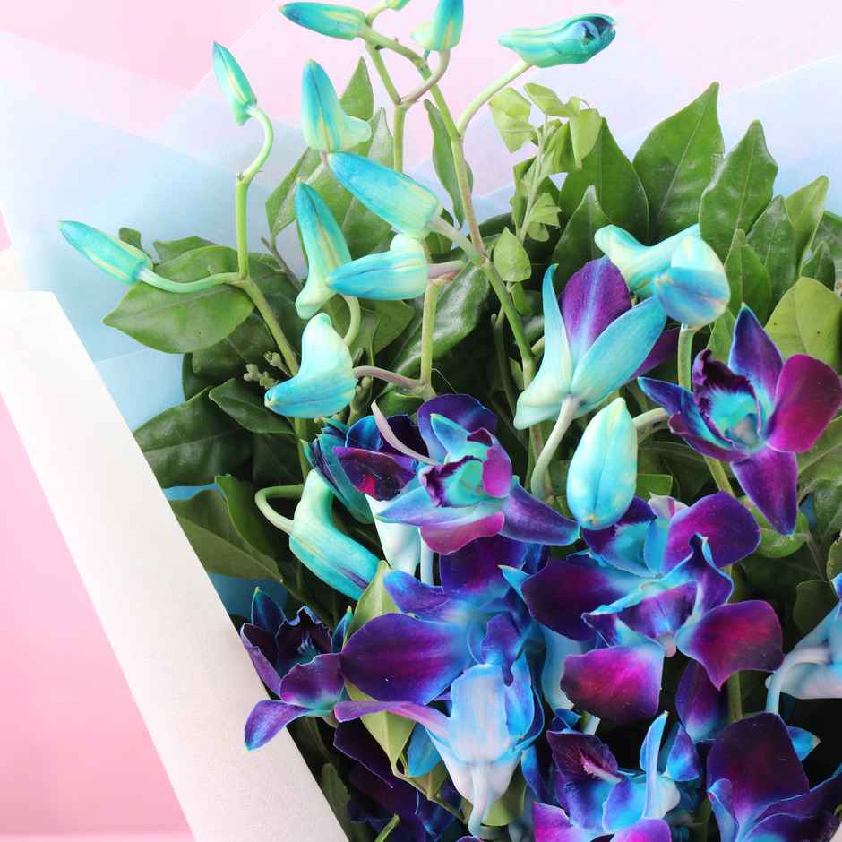 FlowerAura 3 Blue Orchids Bouquet in Blue Non-Woven Paper