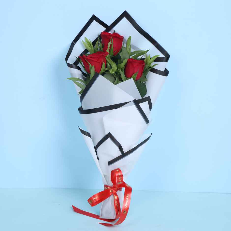 Floweraura Red Roses In White Paper (3pc) & Chocolate Mousse Cake (1pc) Combo