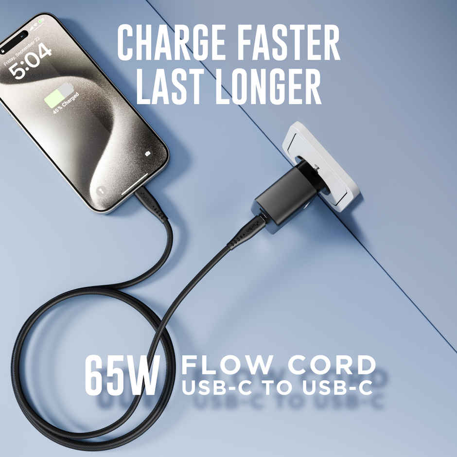 URBN Flow Cord 65W Type-C to C Fast Charging Cable | CarPlay & Android Auto | 1.5m | Black