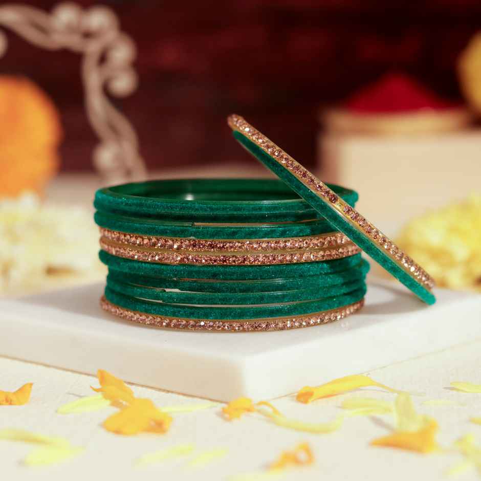 Elegant Velvet Bangles | Traditional Jewellery | Green & Gold | Pack Of 12 | Size 2.4 | Oye Happy