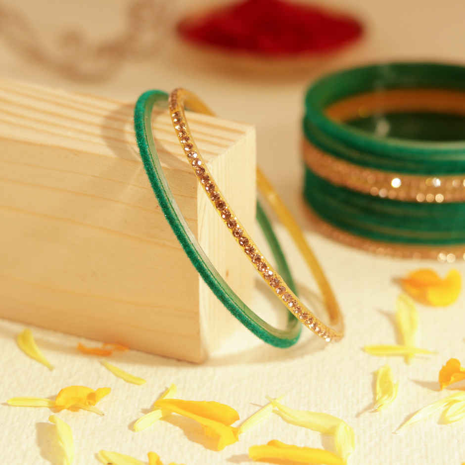 Elegant Velvet Bangles | Traditional Jewellery | Green & Gold | Pack Of 12 | Size 2.4 | Oye Happy