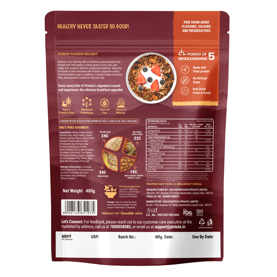 Pintola High Protein Muesli Dark Chocolate & Cranberry, 24 g Protein, High Fibre, Trans Fat Free