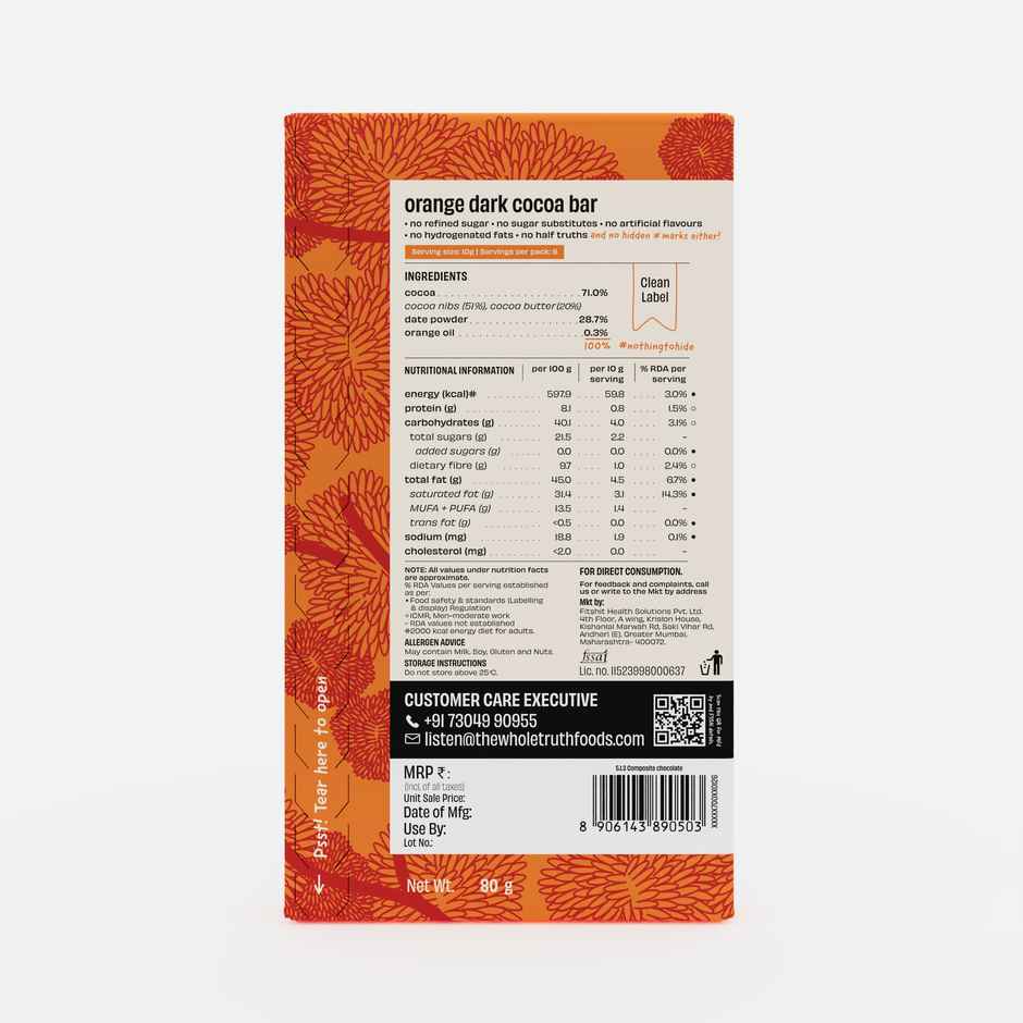 The Whole Truth Dark Cocoa Bar - Orange | 80 g | Sweetened With dates