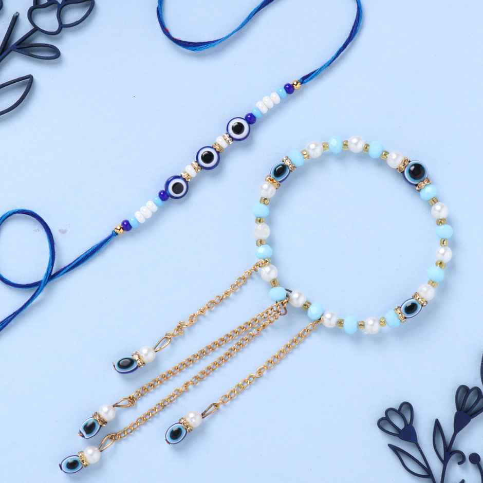 FlowerAura Bhaiya Bhabhi Turquoise Traditional Premium Stone and Pearl Rakhi - Elegant Pair