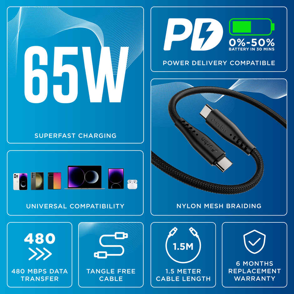 URBN Flow Cord 65W Type-C to C Fast Charging Cable | CarPlay & Android Auto | 1.5m | Black