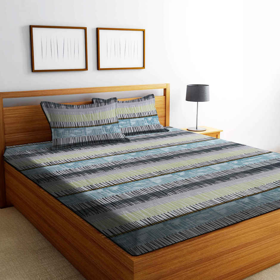 Dream Living Micropeach Even Lines | 135 Gsm Double Bedsheet With 2 Pillow Covers | Blue &Grey