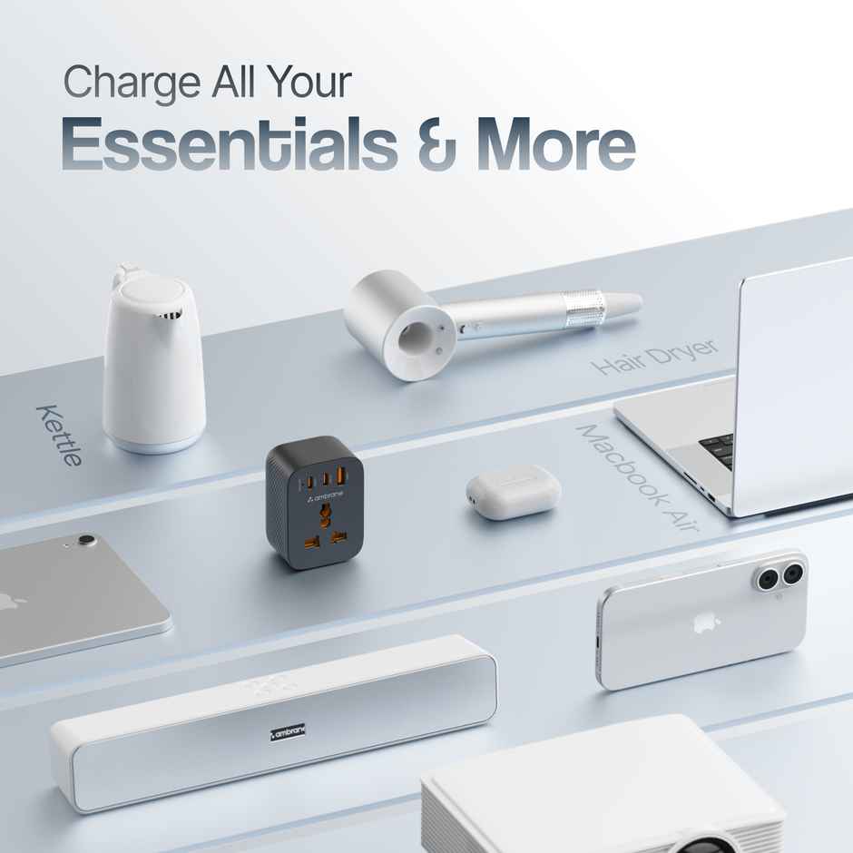 Ambrane X33 33W Fast Charger, 4-in-1 | USB, 2 Type-C | AC Socket | 2500W Boost | Black