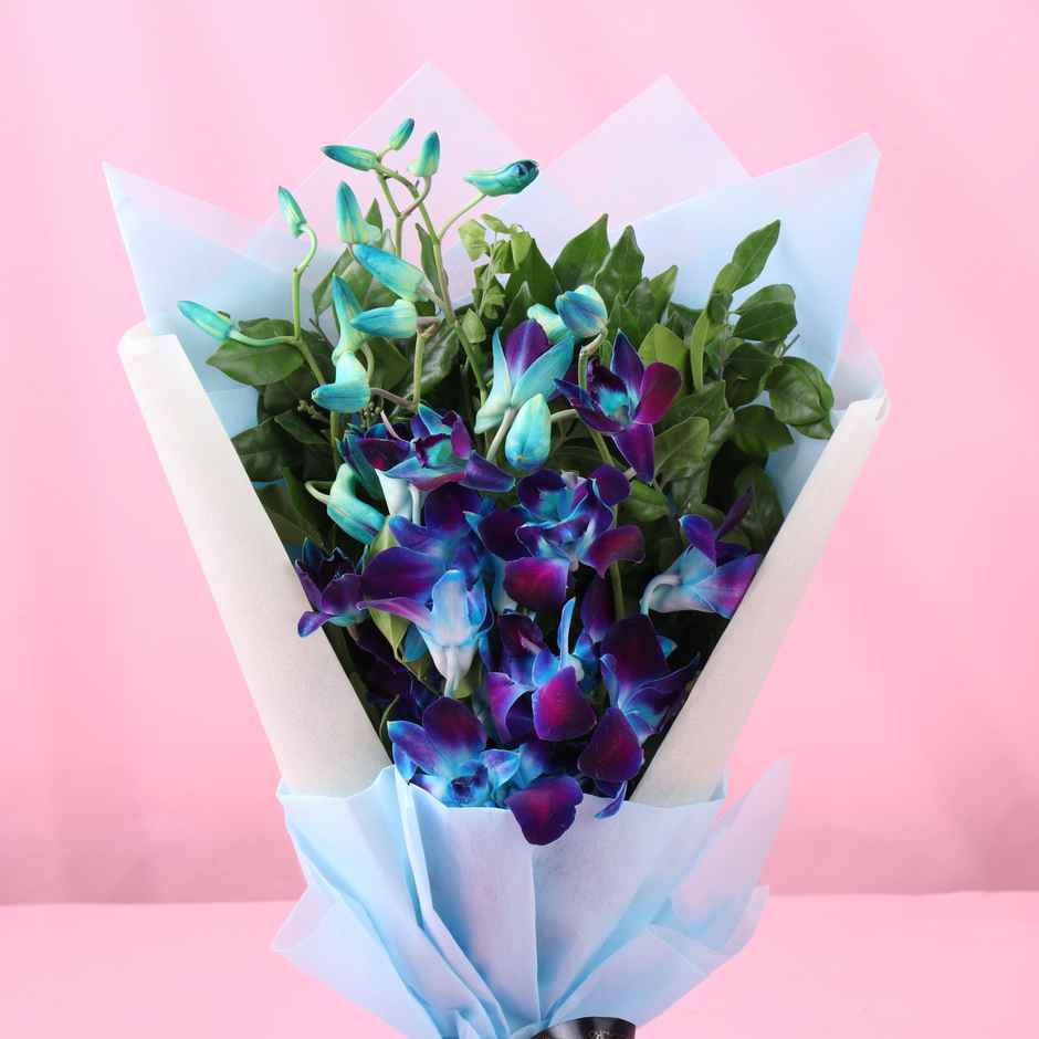FlowerAura 3 Blue Orchids Bouquet in Blue Non-Woven Paper | Gifting