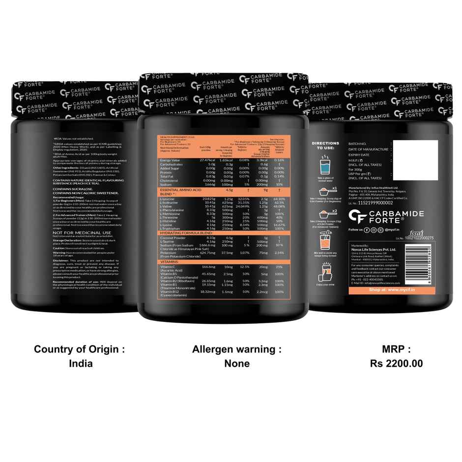 Carbamide Forte EAA Supplement with BCAA 5000Mg -Peach Iced Tea Flavour - 50 Servings - Powder