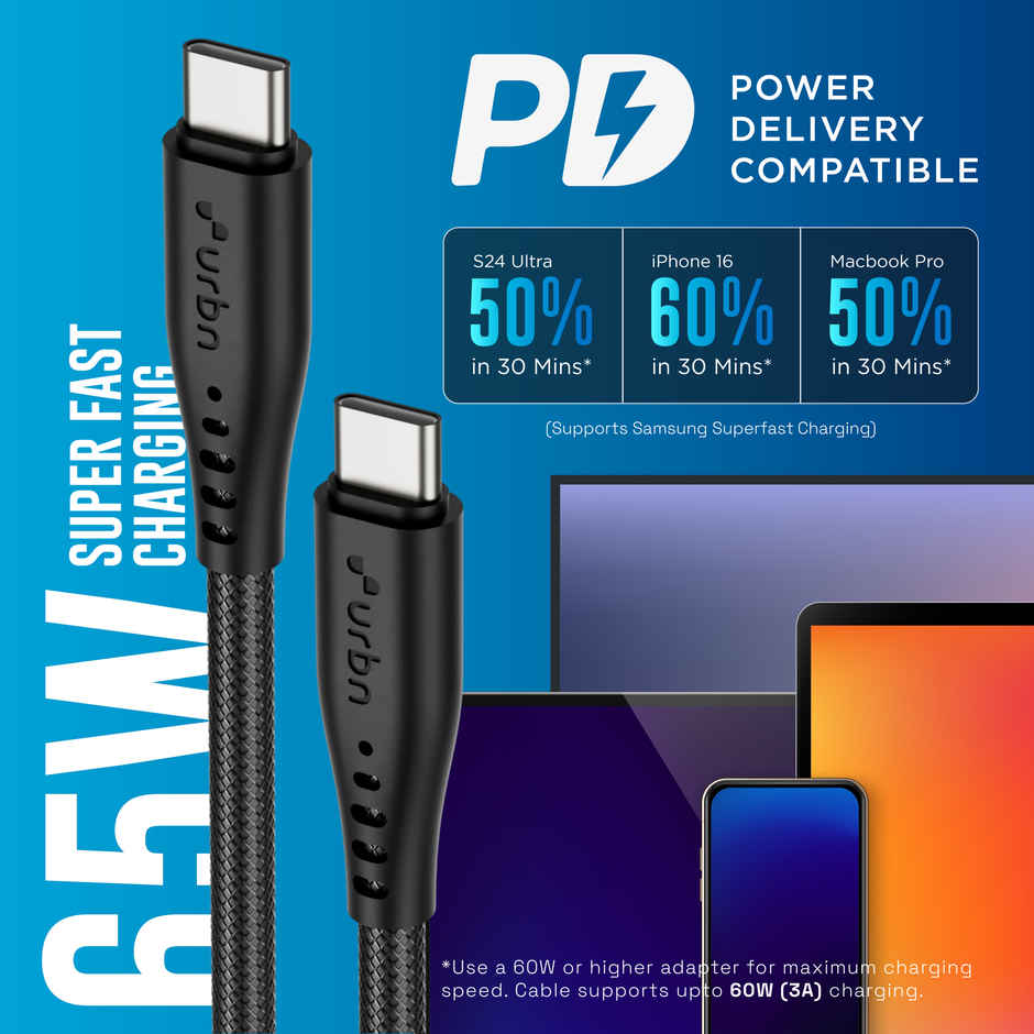 URBN Flow Cord 65W Type-C to C Fast Charging Cable | CarPlay & Android Auto | 1.5m | Black