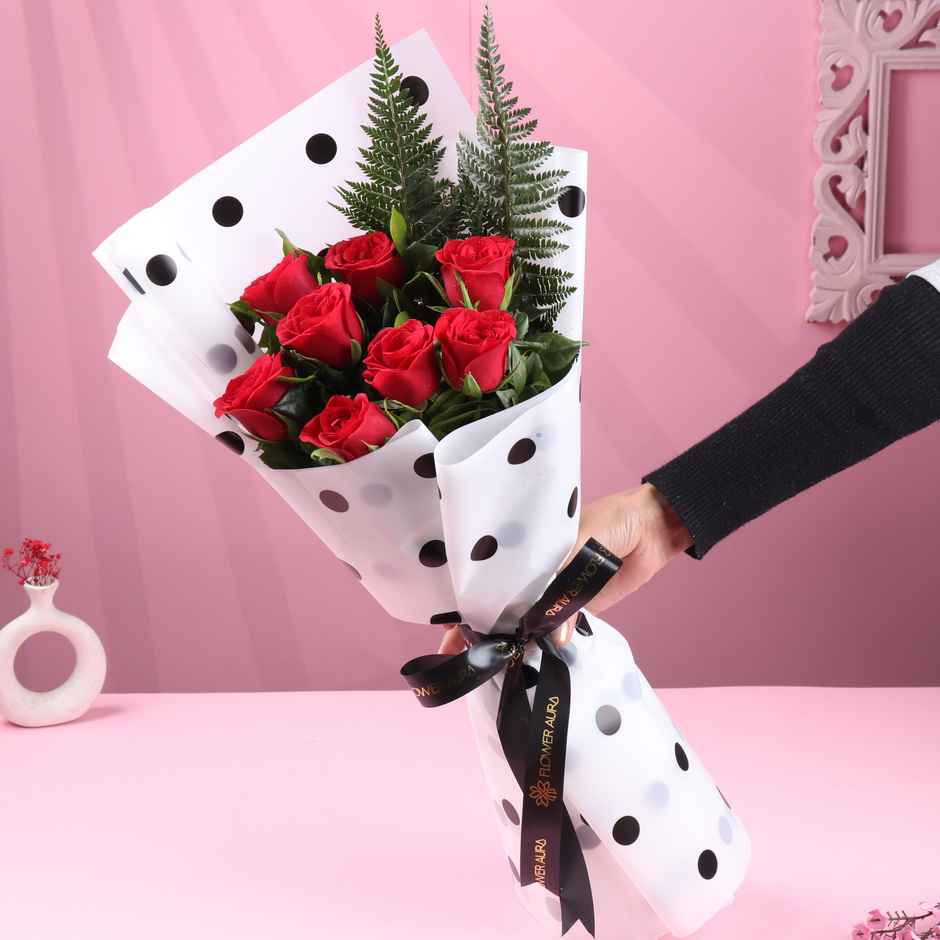 FlowerAura 8 Red Roses Bouquet in Polka Dot Wrap