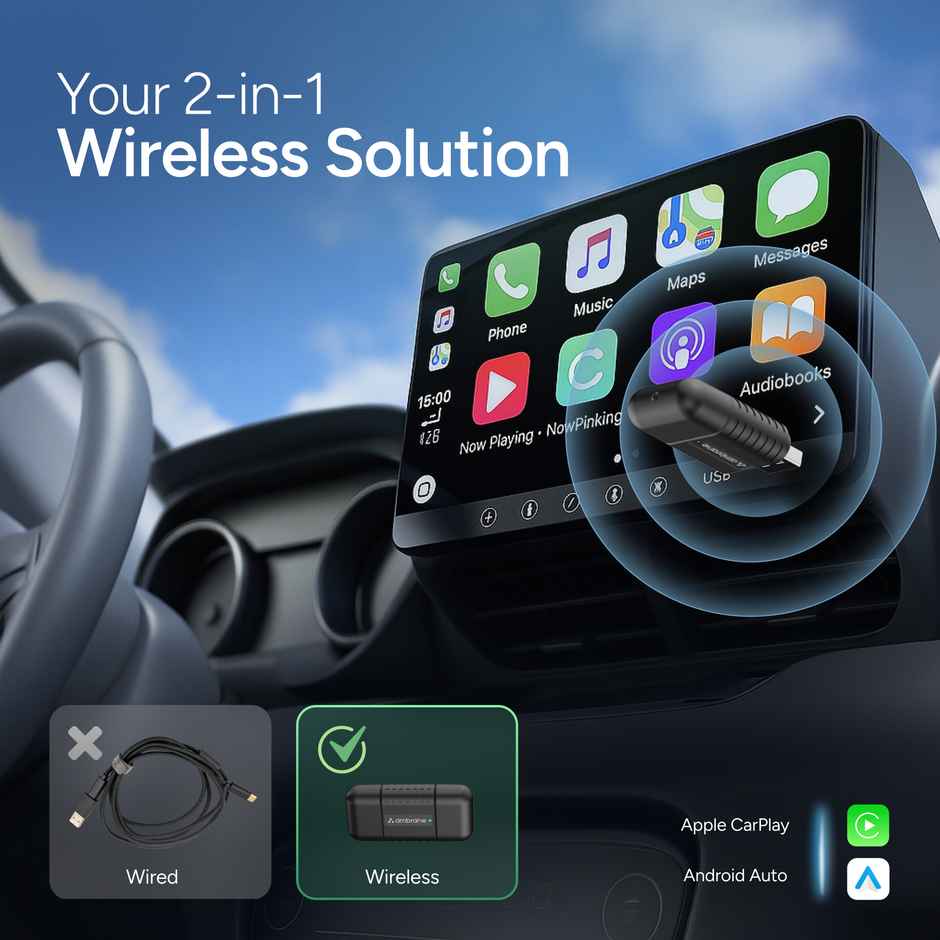 Ambrane 2 -in -1 Wireless Carplay Receiver Android Auto/ USB A /Type C Car Link | Black