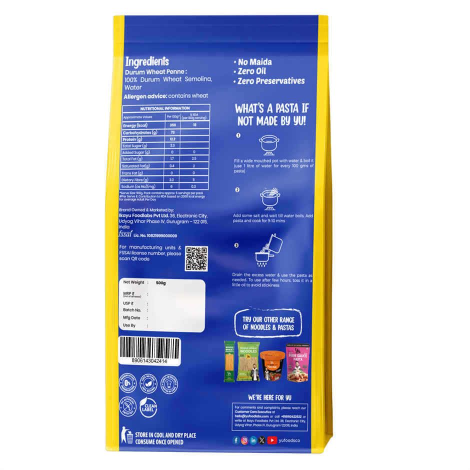 Yu Durum Wheat Penne Pasta