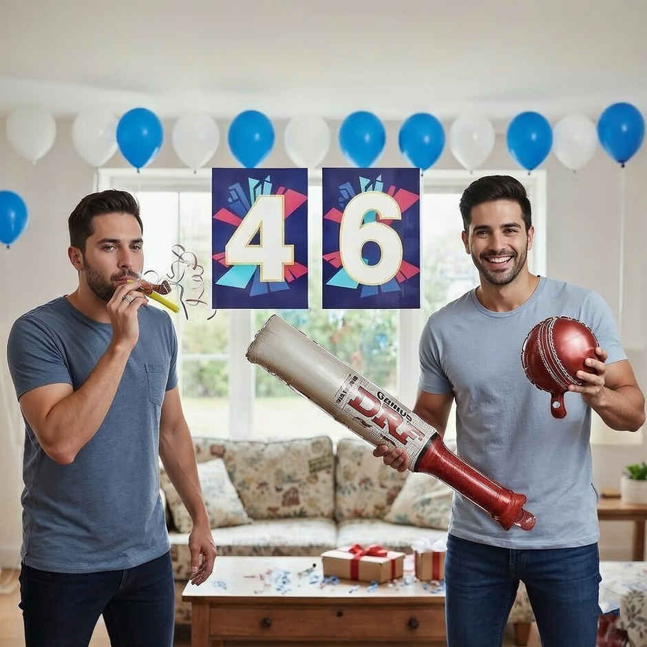 Cricket Match Party Decor Kit | 25 Balloons,Foil Bat & Ball, 4 & 6 Placards,Party Hooters | Propcon