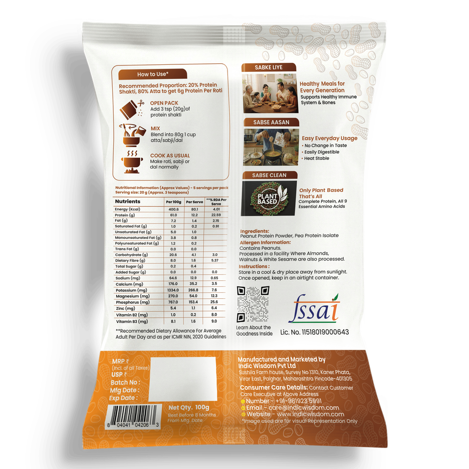 Indic Wisdom's Protein Shakti | Plant Protein for Daily Meals | Add to Atta | Daal | Subji | 6g Protein 1 Roti