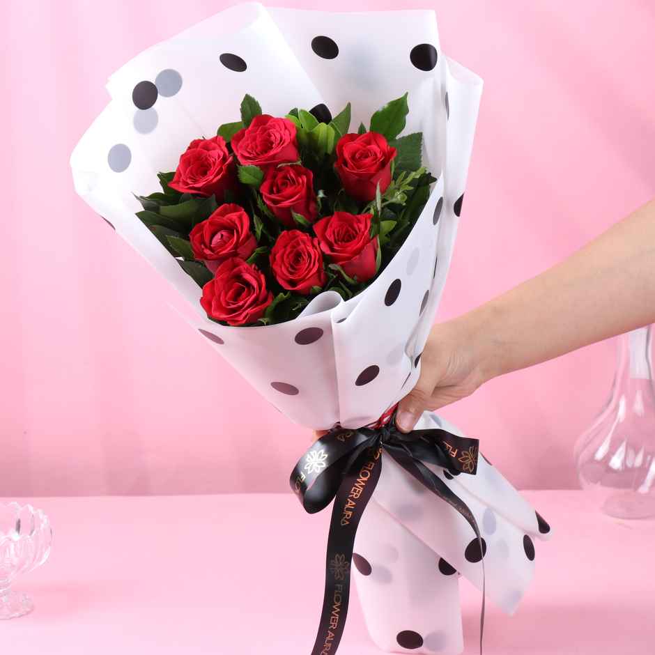 FlowerAura 8 Red Roses Bouquet in Polka Dot Wrap | Gifting