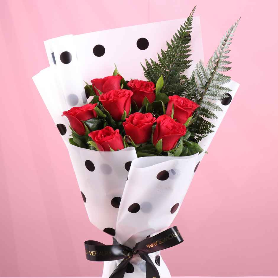 FlowerAura 8 Red Roses Bouquet in Polka Dot Wrap