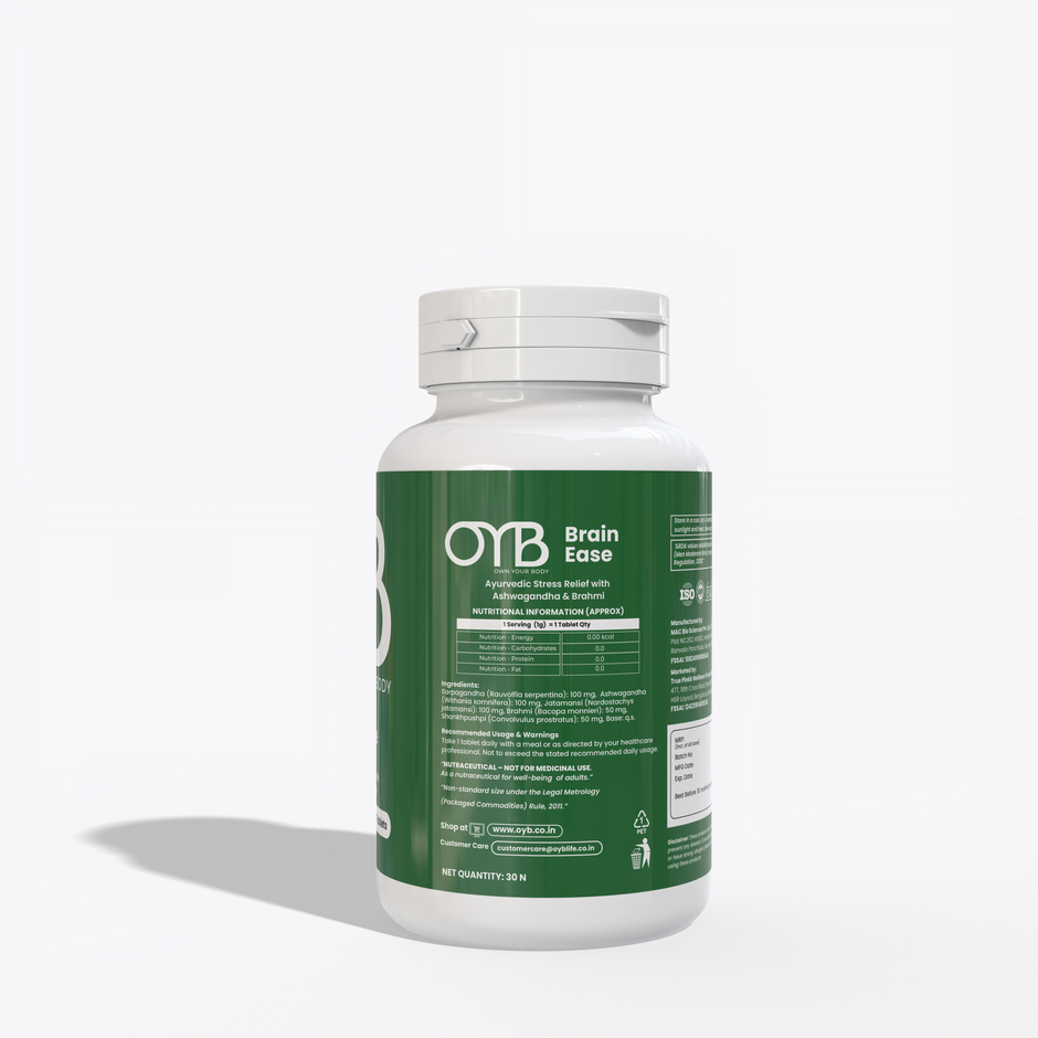 OYB Brain Ease Stress Relief with Ashwagandha & Brahmi for Calm Mind, Focus & Anxiety Support