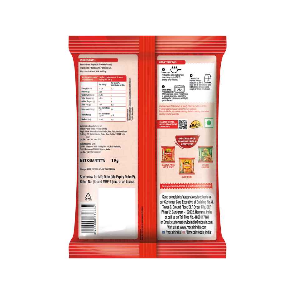 Mccain French Fries | Crispy & Ready To Cook (1kg) & Thums Up X Force Zero Sugar Soft Drink Can | Zero Calories | Carbonated Beverage (300ml) Combo