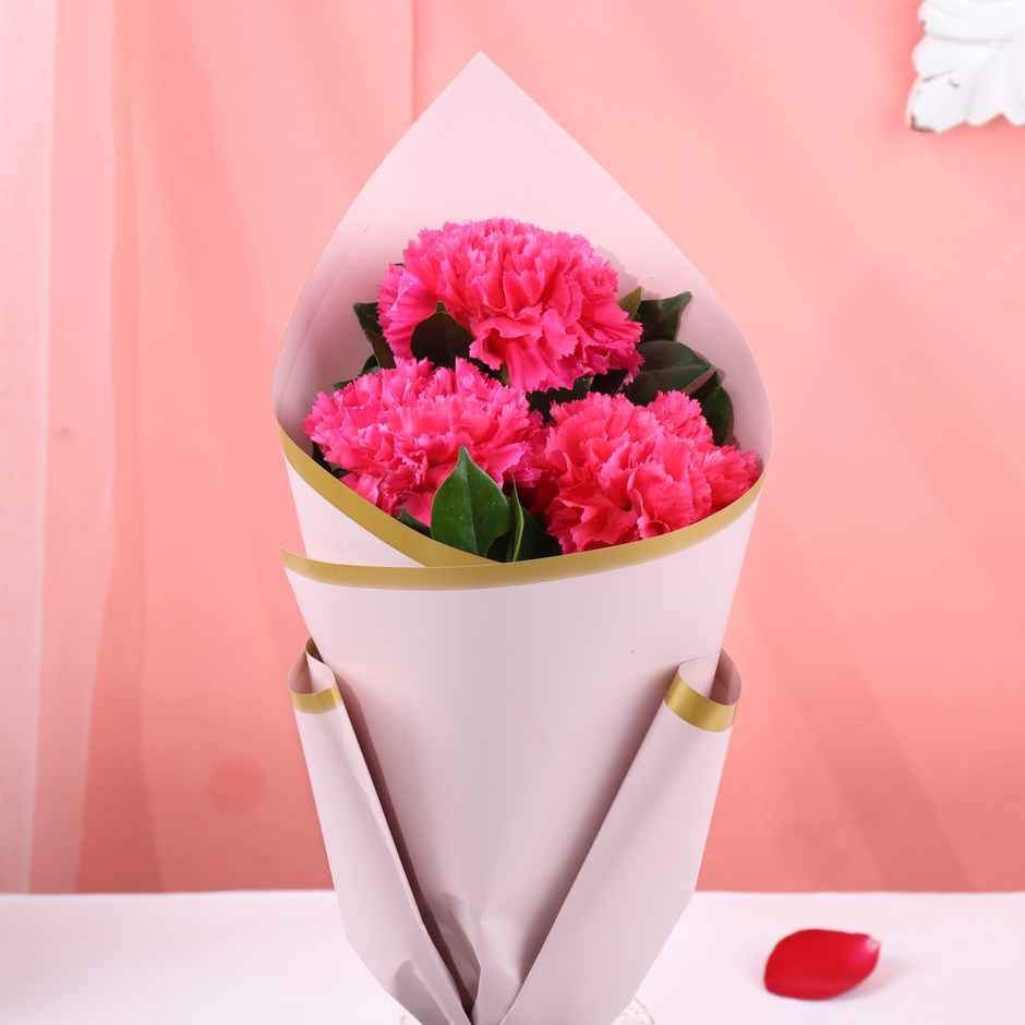 FlowerAura 3 Pink Carnations Bouquet in Pink Premium Paper | Gifting