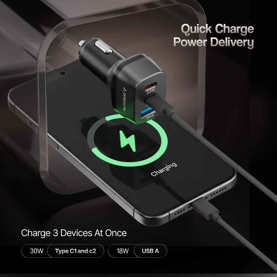 Ambrane 84W Triple Port Car Charger | 2 Type C 1 USB | 33W PD | Black