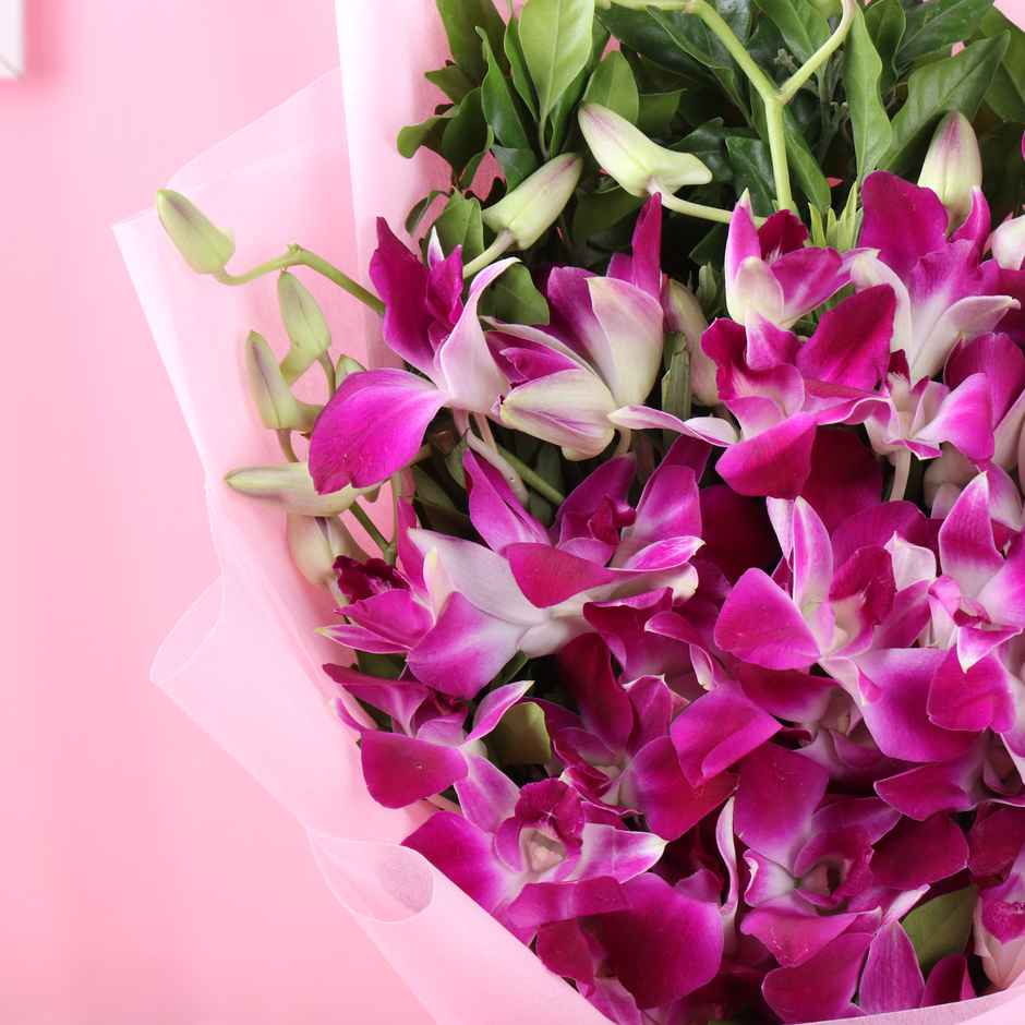 FlowerAura Purple Orchids Bouquet in Pink Wrap | Gifting
