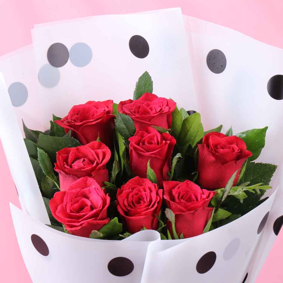 FlowerAura 8 Red Roses Bouquet in Polka Dot Wrap | Gifting
