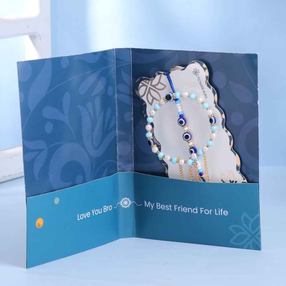 FlowerAura Bhaiya Bhabhi Turquoise Traditional Premium Stone and Pearl Rakhi - Elegant Pair