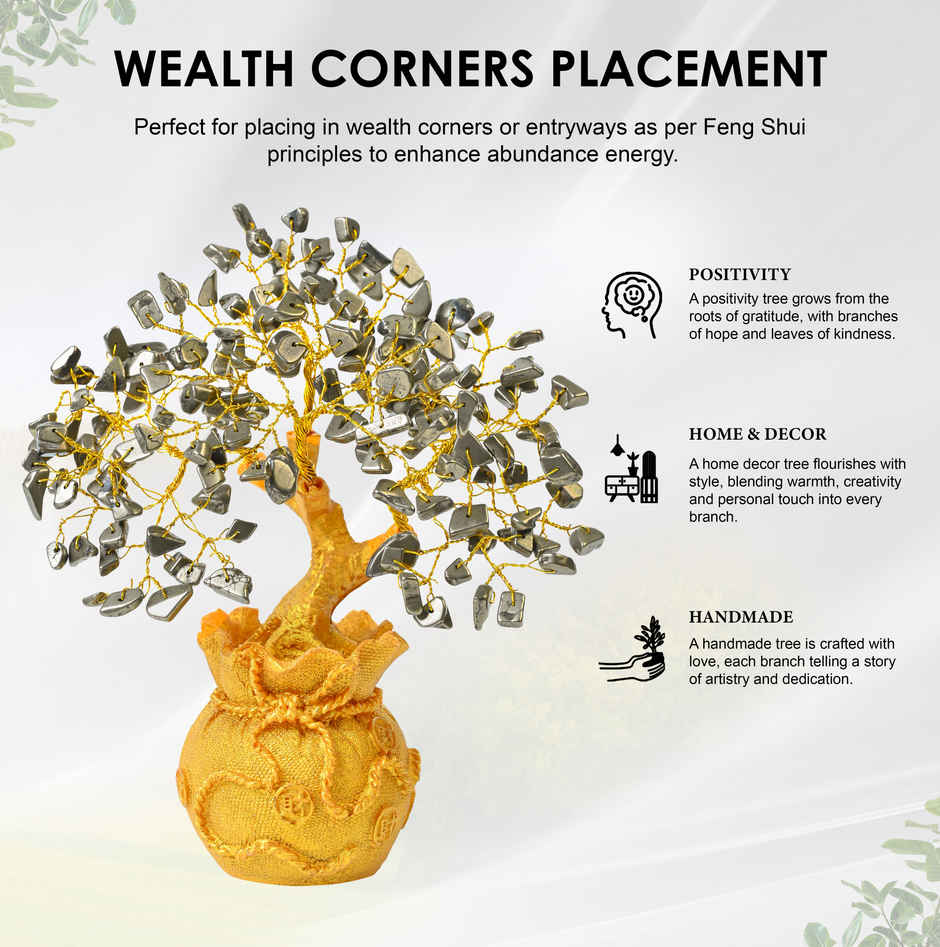 HINDCRAFT Pyrite Crystal Money Tree with Golden Potli Base for Spiritual Gift