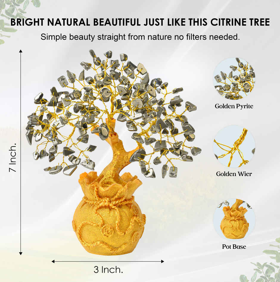 HINDCRAFT Pyrite Crystal Money Tree with Golden Potli Base for Spiritual Gift