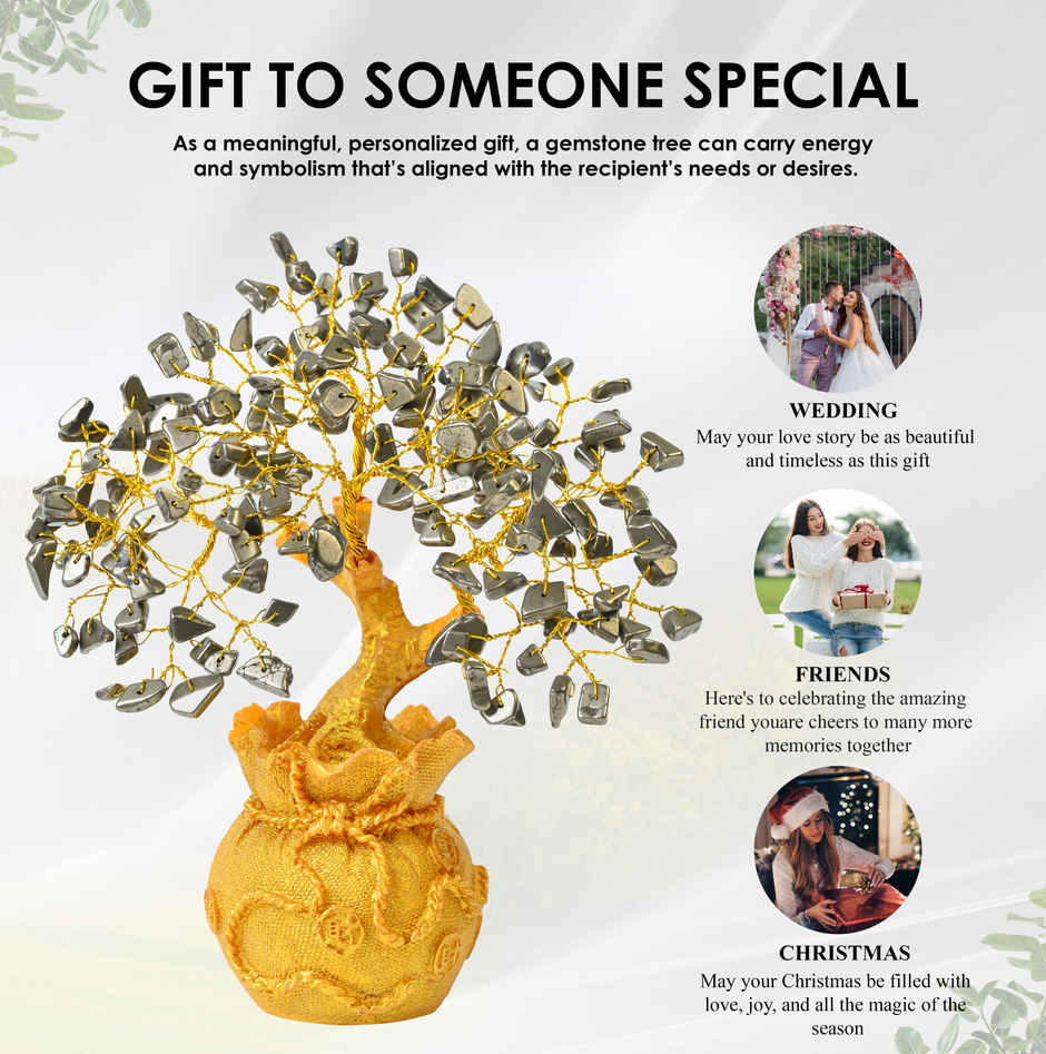 HINDCRAFT Pyrite Crystal Money Tree with Golden Potli Base for Spiritual Gift