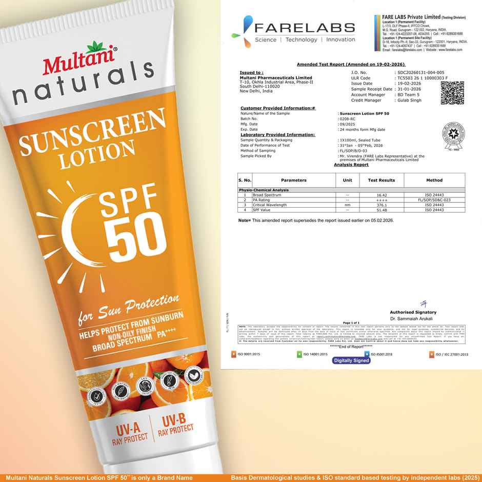 Multani Naturals SPF 50 PA++++ Vitamin C Sunscreen Lotion | Prevent Sunburn | No White Caste