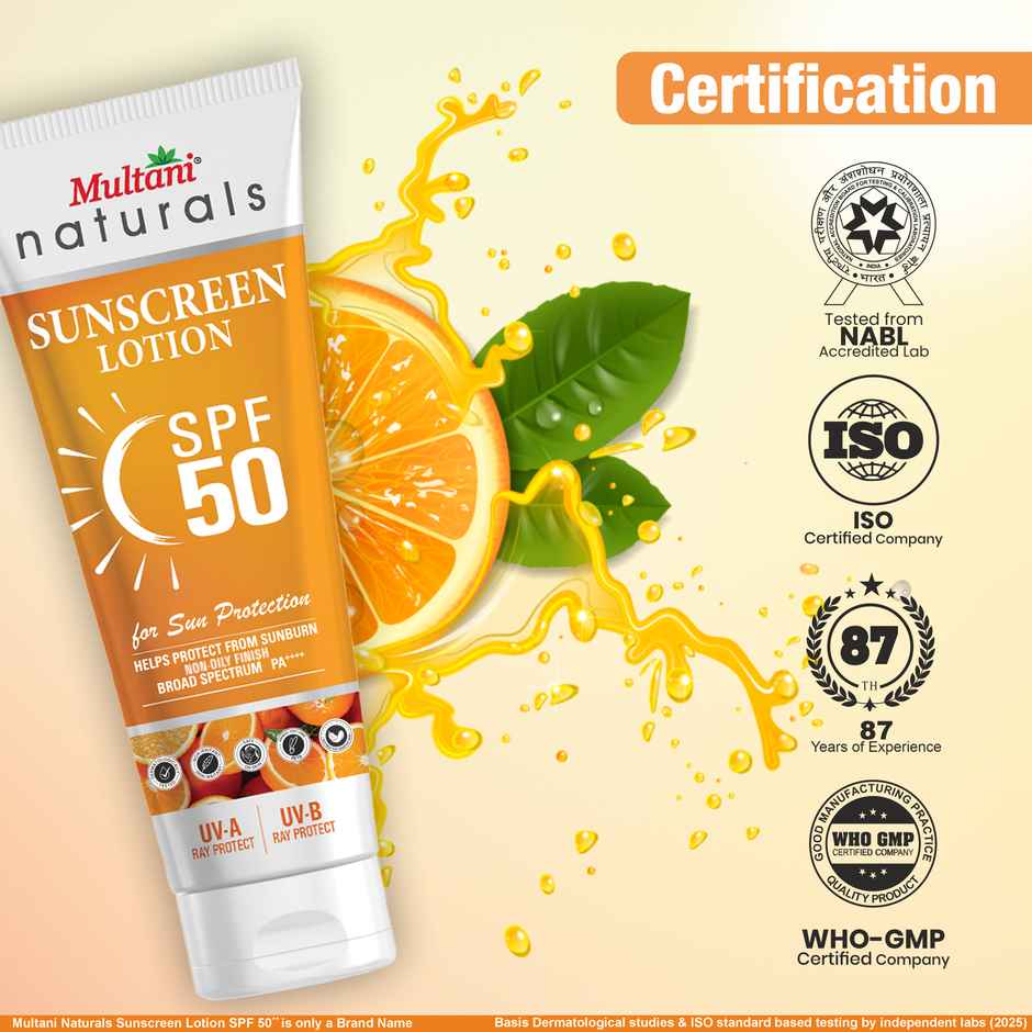 Multani Naturals SPF 50 PA++++ Vitamin C Sunscreen Lotion | Prevent Sunburn | No White Caste