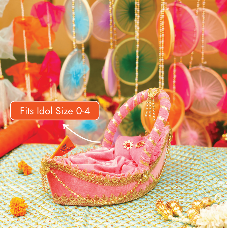 Laddu Gopal Premium Pink Velvet Boat Bed | Fits Idol Size 0-4 | ServDharm