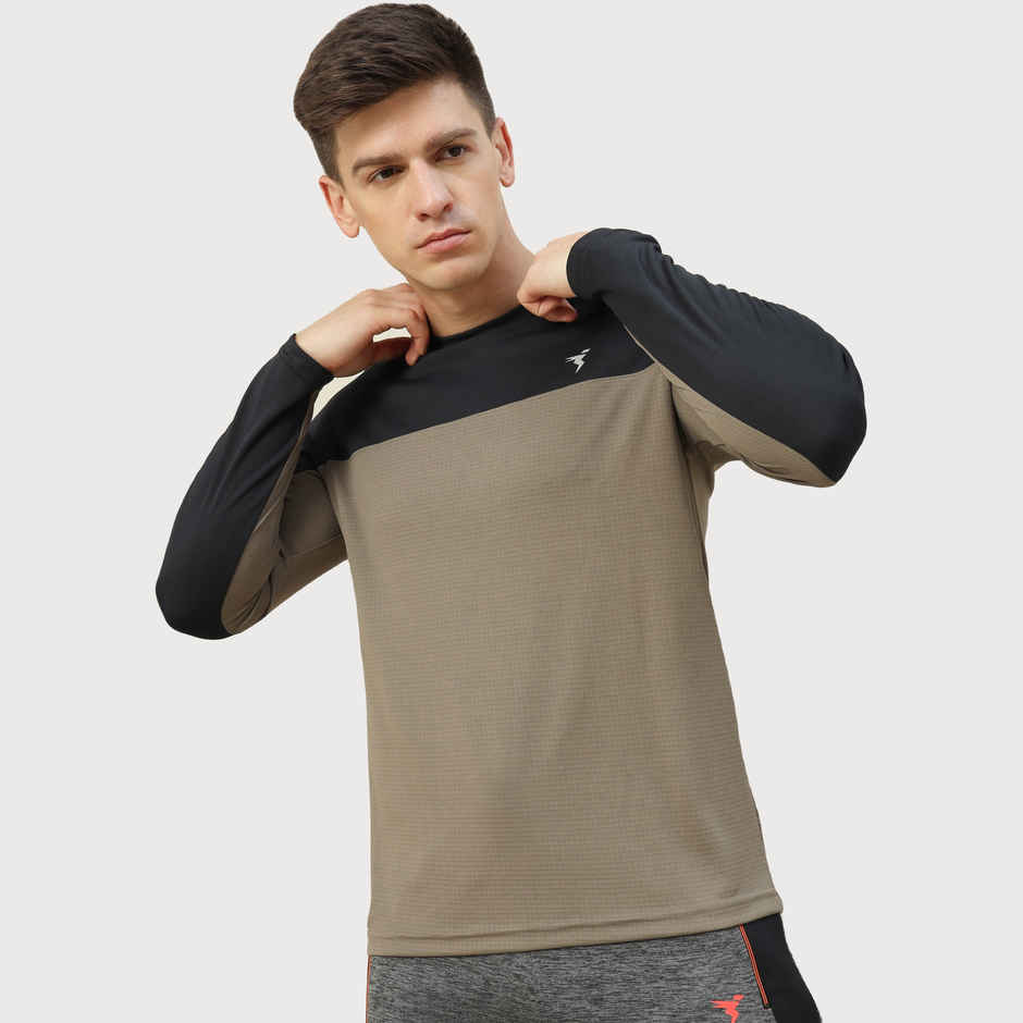 Technosport Men's Poly Colorblock Slim Fit Round Neck Full Sleeve T-shirt | Stone Grey - M