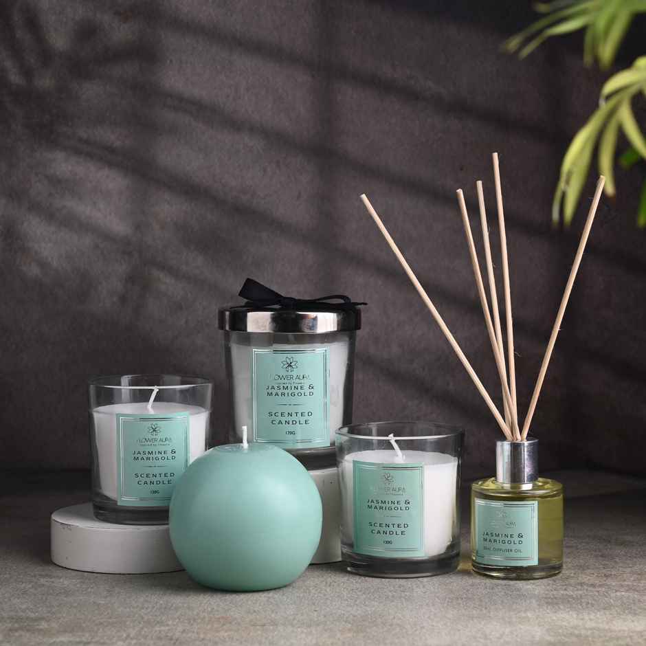 FlowerAura- All In 1 Jasmine And Marigold Candle & Diffuser Set