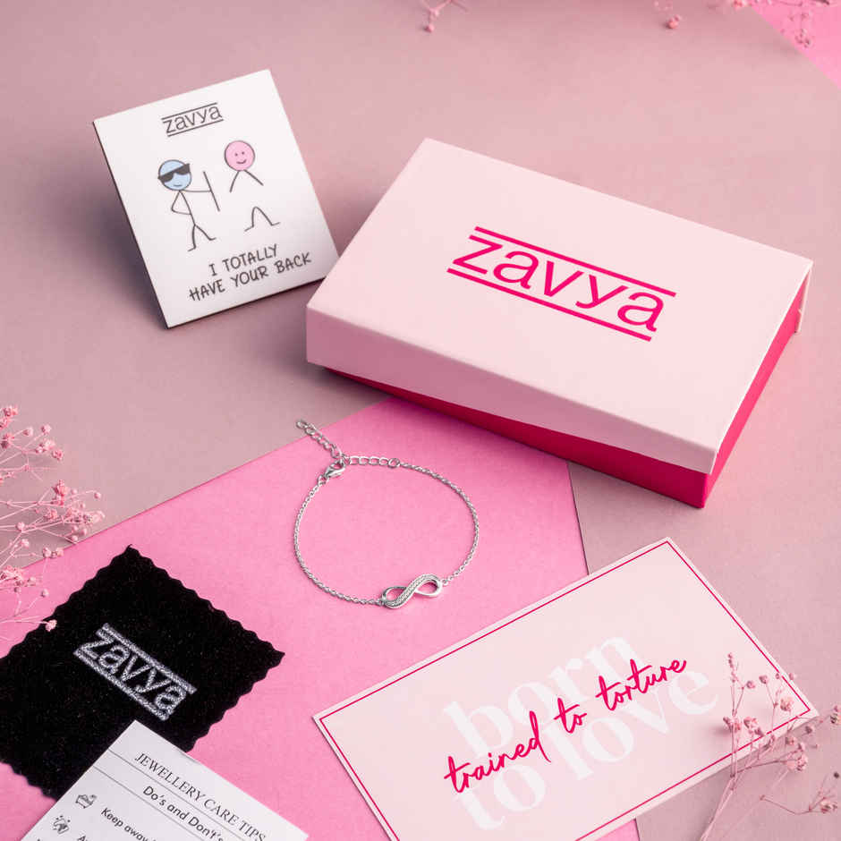 Zavya infinity CZ Rhodium Plated 925 Sterling Silver Chain Bracelet Gift Hamper
