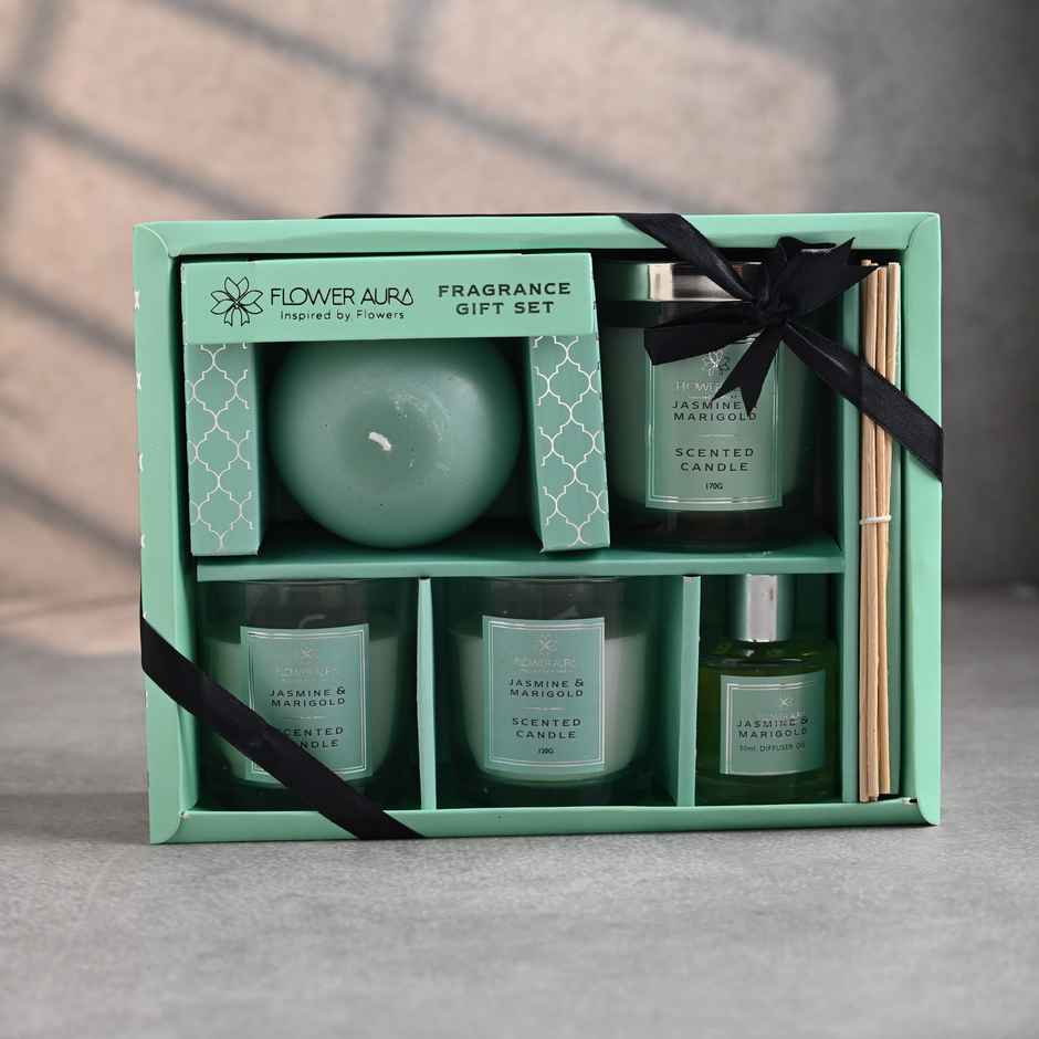 FlowerAura- All In 1 Jasmine And Marigold Candle & Diffuser Set