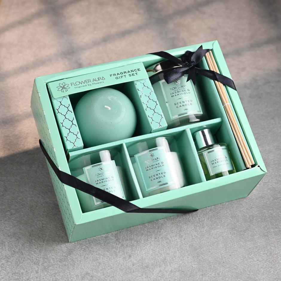 FlowerAura- All In 1 Jasmine And Marigold Candle & Diffuser Set