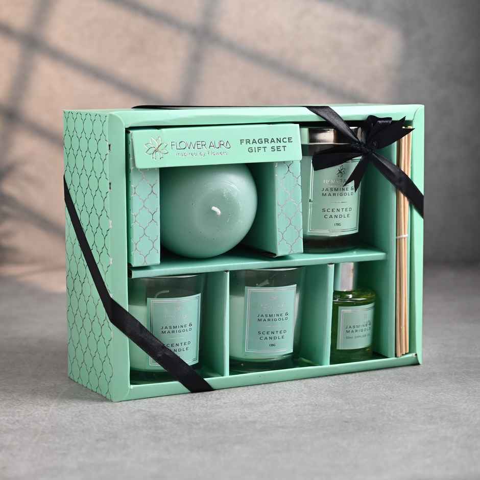 FlowerAura- All In 1 Jasmine And Marigold Candle & Diffuser Set