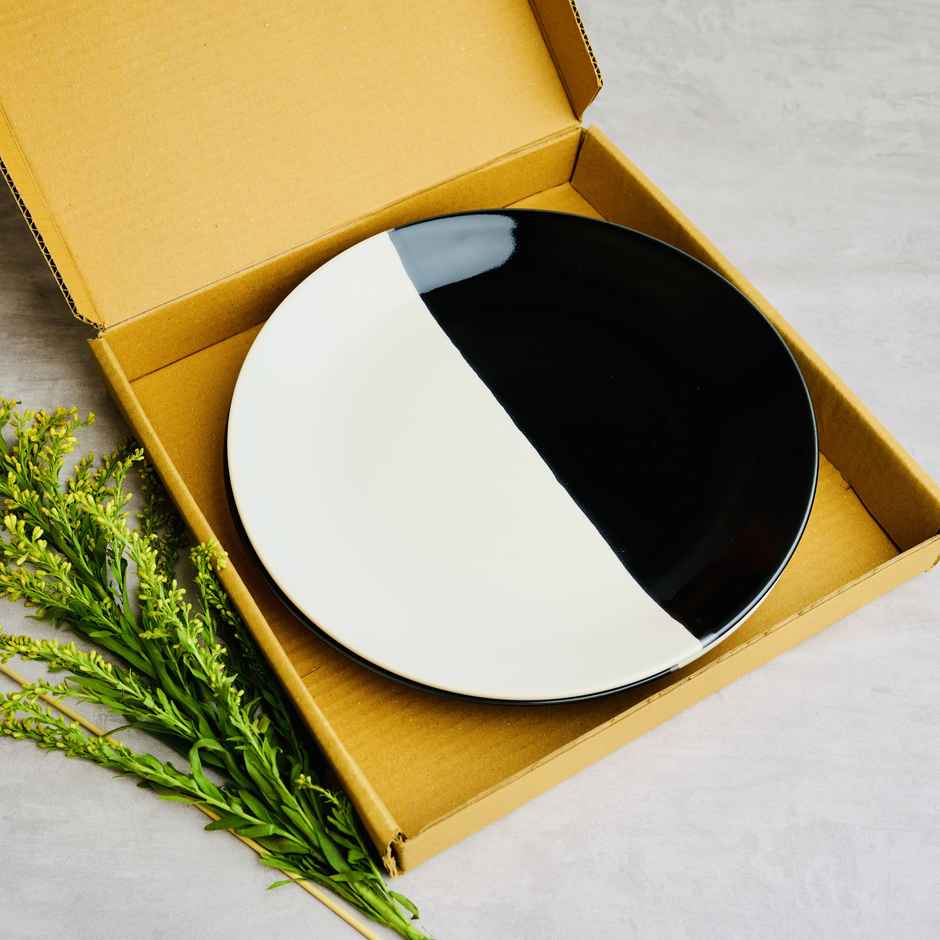 BlackCarrot Fifty Fifty Snack Plates Set of 2 (Black & White, AnimaL Bone Ash Free Stoneware)