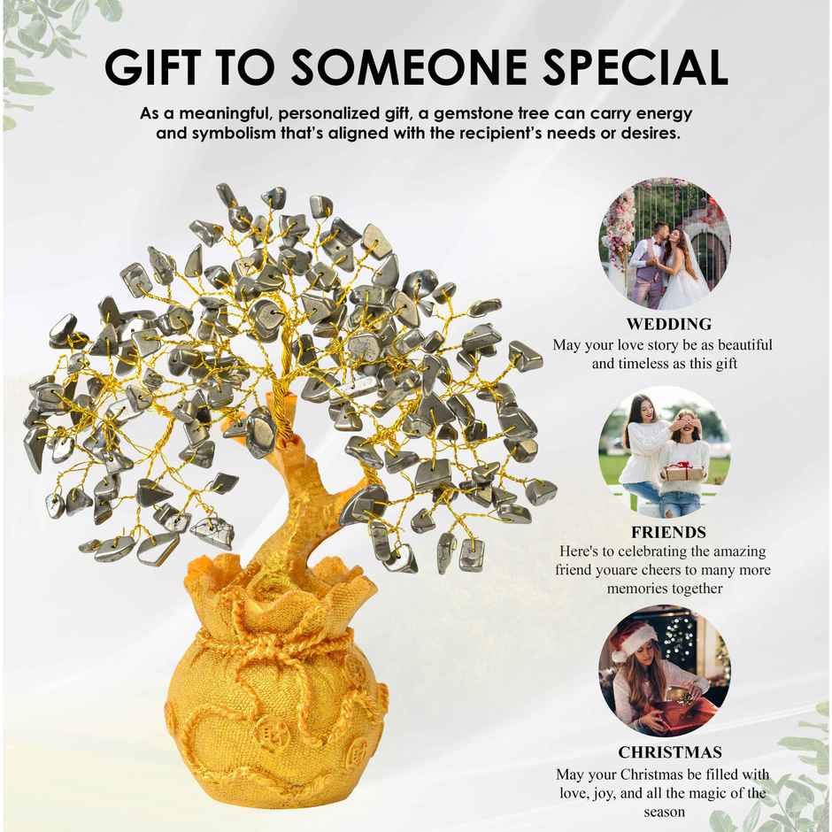 HINDCRAFT Pyrite Crystal Money Tree with Golden Potli Base for Spiritual Gift