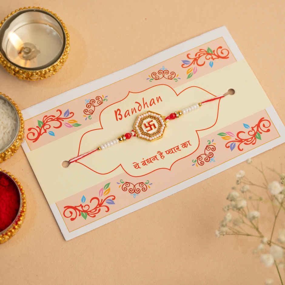 Rakhi for Brother | Swastik Meenakari Red & White Pearl | Religious Om | Pack of 1 | Tomuncle