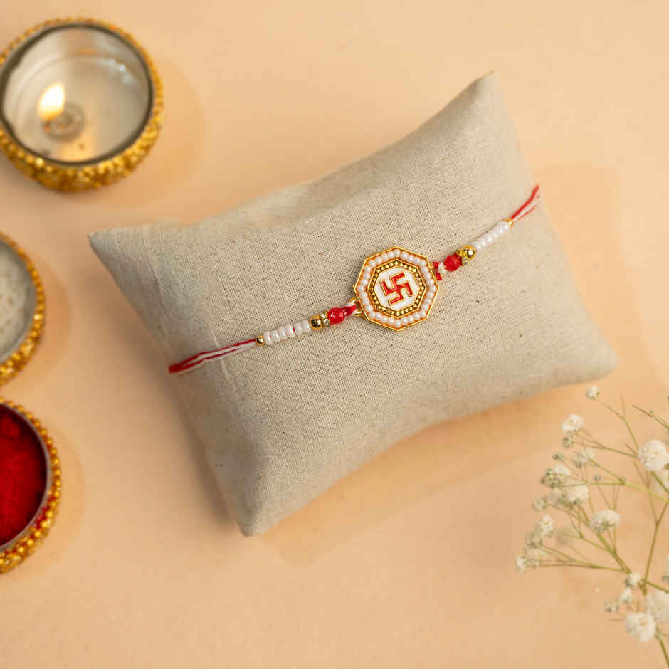 Rakhi for Brother | Swastik Meenakari Red & White Pearl | Religious Om | Pack of 1 | Tomuncle