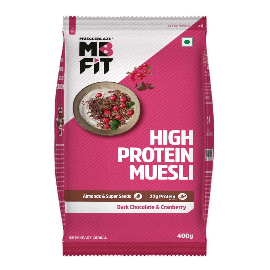 MuscleBlaze Fit High Protein Muesli (Dark Chocolate & Cranberry, 400g) | 22g Protein
