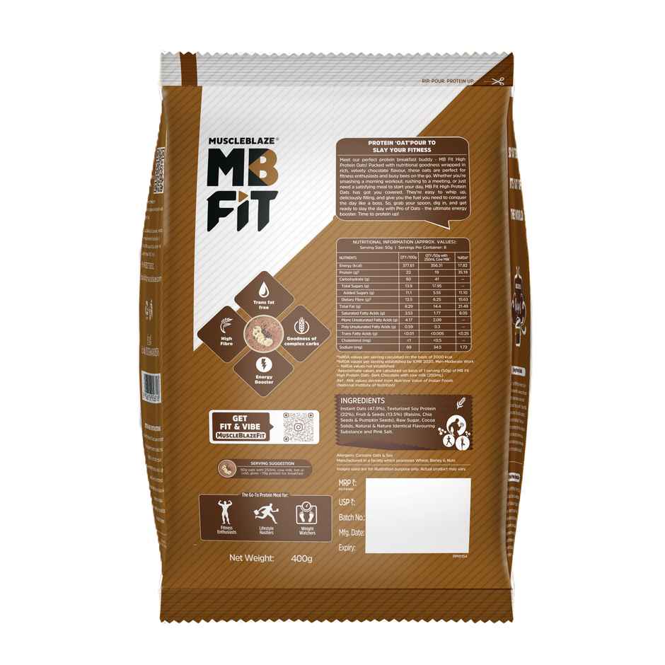 MuscleBlaze Fit High Protein Oats (Dark Chocolate, 400g) | 22g Protein