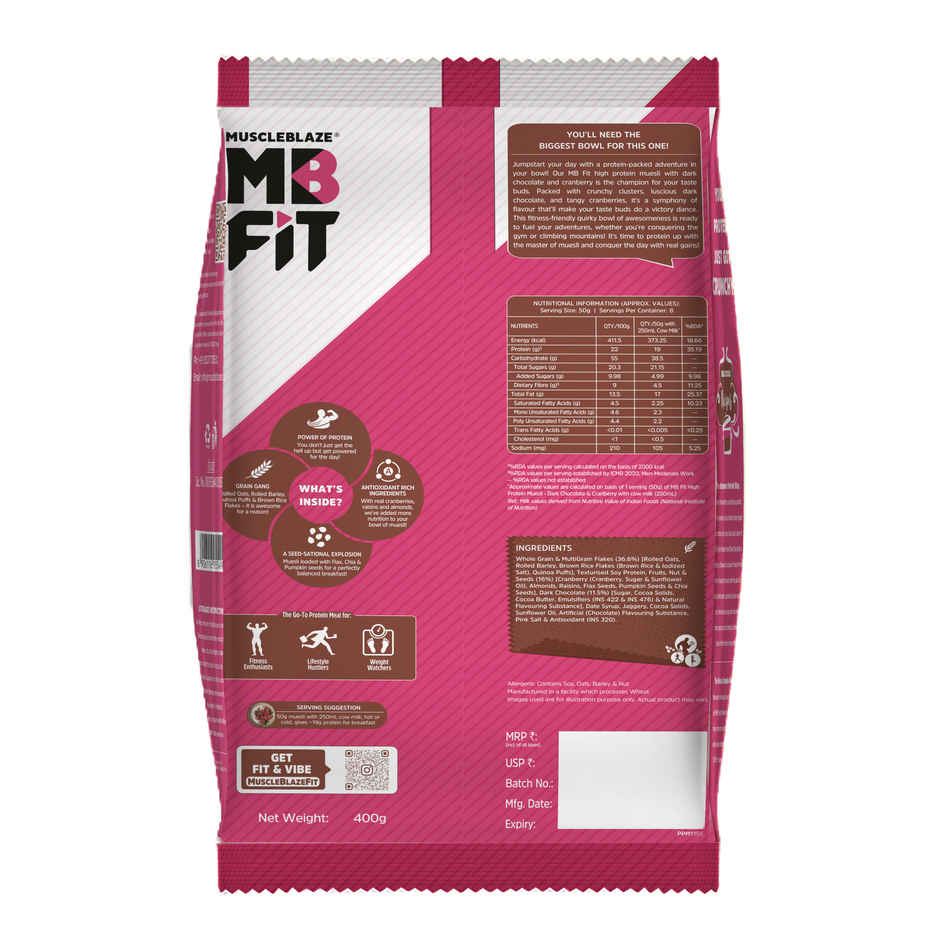 MuscleBlaze Fit High Protein Muesli (Dark Chocolate & Cranberry, 400g) | 22g Protein