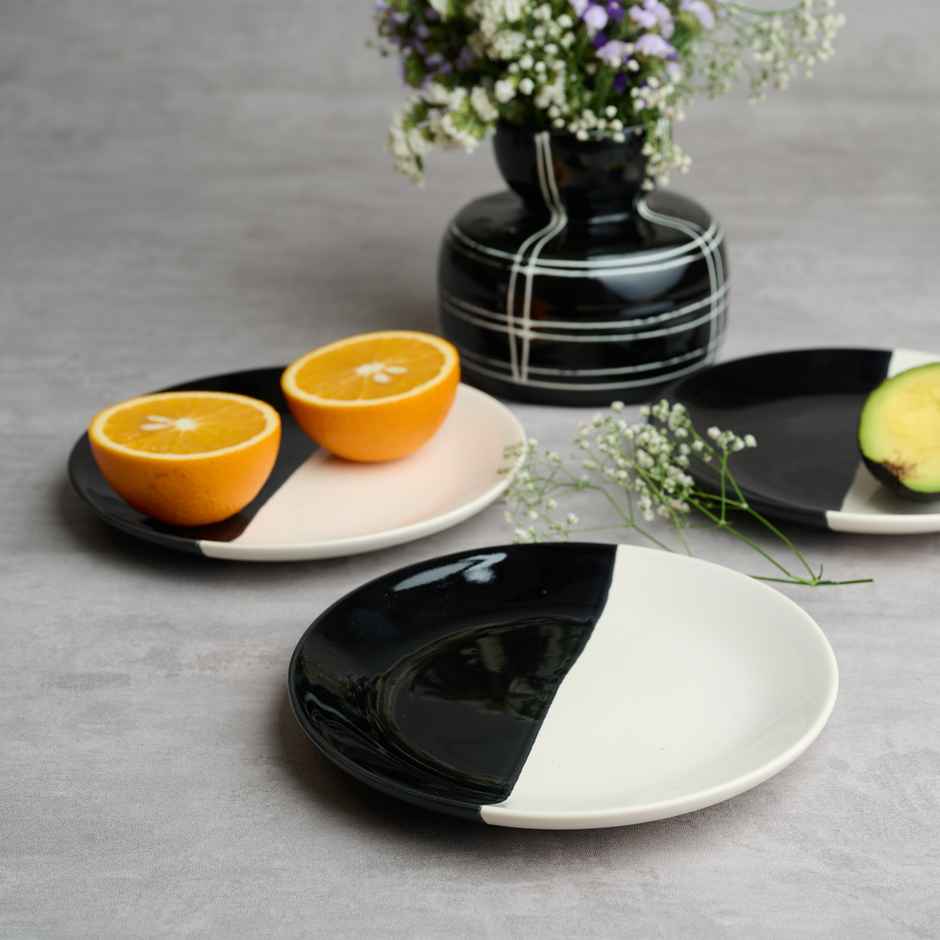 BlackCarrot Fifty Fifty Snack Plates Set of 2 (Black & White, AnimaL Bone Ash Free Stoneware)