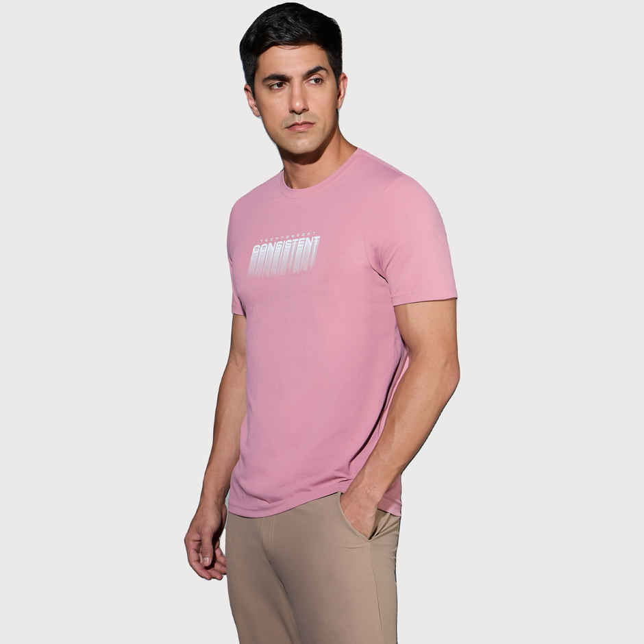Technosport Men's Poly Printed Slim Fit Round Neck Sports T-shirt | Dusty Rose - 2XL